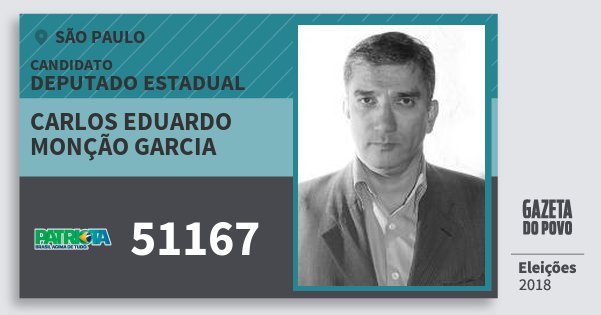 Santinho Carlos Eduardo Monção Garcia 51167 (PATRI) Deputado Estadual | São Paulo | Eleições 2018 Santinho Carlos Eduardo Monção Garcia 51167 (PATRI) Deputado Estadual | São Paulo | Eleições 2018