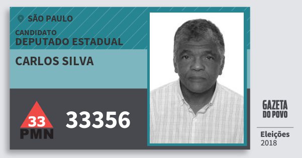 Santinho Carlos Silva 33356 (PMN) Deputado Estadual | São Paulo | Eleições 2018 Santinho Carlos Silva 33356 (PMN) Deputado Estadual | São Paulo | Eleições 2018