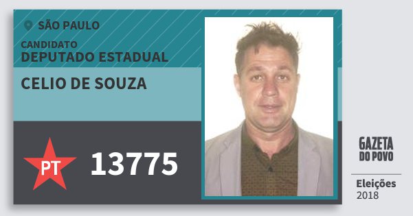 Santinho Celio de Souza 13775 (PT) Deputado Estadual | São Paulo | Eleições 2018 Santinho Celio de Souza 13775 (PT) Deputado Estadual | São Paulo | Eleições 2018