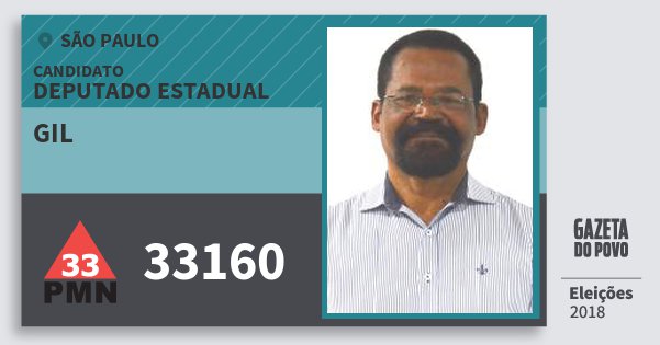 Santinho Gil 33160 (PMN) Deputado Estadual | São Paulo | Eleições 2018 Santinho Gil 33160 (PMN) Deputado Estadual | São Paulo | Eleições 2018