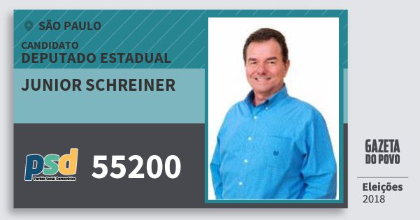 Santinho Junior Schreiner 55200 (PSD) Deputado Estadual | São Paulo | Eleições 2018 Santinho Junior Schreiner 55200 (PSD) Deputado Estadual | São Paulo | Eleições 2018