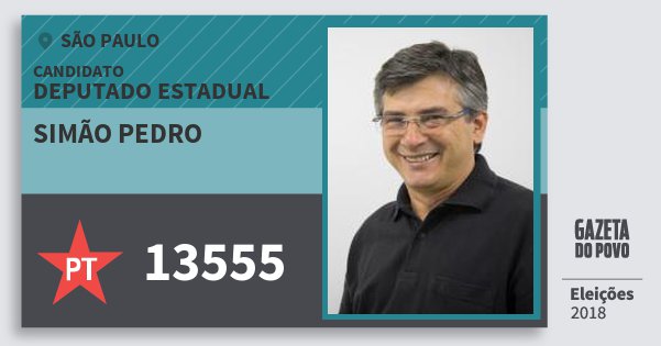 Santinho Simão Pedro 13555 (PT) Deputado Estadual | São Paulo | Eleições 2018 Santinho Simão Pedro 13555 (PT) Deputado Estadual | São Paulo | Eleições 2018
