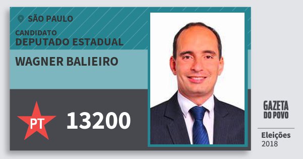 Santinho Wagner Balieiro 13200 (PT) Deputado Estadual | São Paulo | Eleições 2018 Santinho Wagner Balieiro 13200 (PT) Deputado Estadual | São Paulo | Eleições 2018