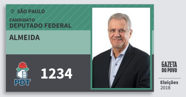 Santinho Almeida 1234 (PDT) Deputado Federal | São Paulo | Eleições 2018 Santinho Almeida 1234 (PDT) Deputado Federal | São Paulo | Eleições 2018