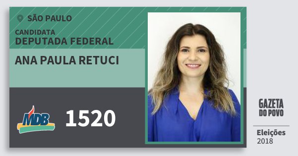 Santinho Ana Paula Retuci 1520 (MDB) Deputada Federal | São Paulo | Eleições 2018 Santinho Ana Paula Retuci 1520 (MDB) Deputada Federal | São Paulo | Eleições 2018