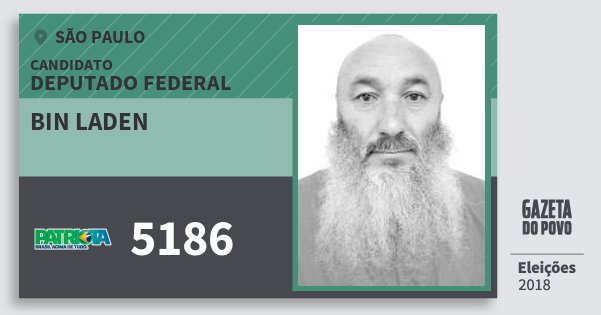Santinho Bin Laden 5186 (PATRI) Deputado Federal | São Paulo | Eleições 2018 Santinho Bin Laden 5186 (PATRI) Deputado Federal | São Paulo | Eleições 2018