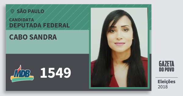 Santinho Cabo Sandra 1549 (MDB) Deputada Federal | São Paulo | Eleições 2018 Santinho Cabo Sandra 1549 (MDB) Deputada Federal | São Paulo | Eleições 2018