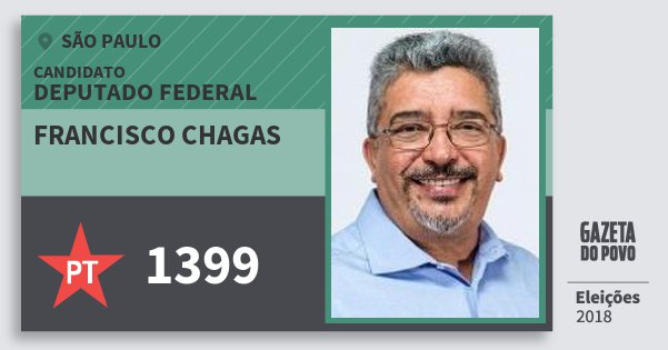 Santinho Francisco Chagas 1399 (PT) Deputado Federal | São Paulo | Eleições 2018 Santinho Francisco Chagas 1399 (PT) Deputado Federal | São Paulo | Eleições 2018