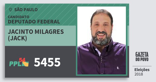 Santinho Jacinto Milagres (Jack) 5455 (PPL) Deputado Federal | São Paulo | Eleições 2018 Santinho Jacinto Milagres (Jack) 5455 (PPL) Deputado Federal | São Paulo | Eleições 2018