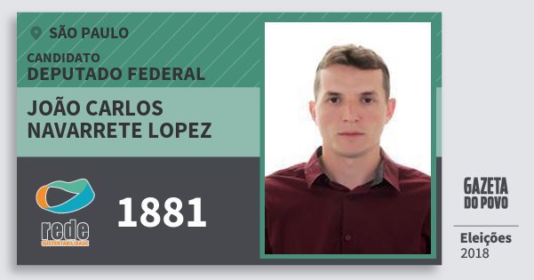 Santinho João Carlos Navarrete Lopez 1881 (REDE) Deputado Federal | São Paulo | Eleições 2018 Santinho João Carlos Navarrete Lopez 1881 (REDE) Deputado Federal | São Paulo | Eleições 2018
