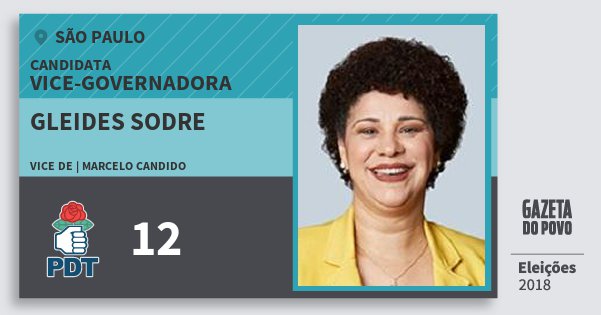 Santinho Gleides Sodre 12 (PDT) Vice-Governadora | São Paulo | Eleições 2018 Santinho Gleides Sodre 12 (PDT) Vice-Governadora | São Paulo | Eleições 2018