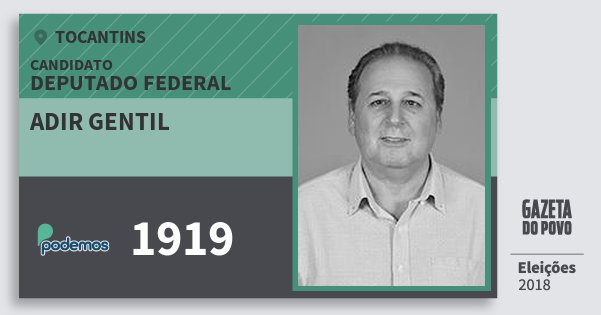 Santinho Adir Gentil 1919 (PODE) Deputado Federal | Tocantins | Eleições 2018 Santinho Adir Gentil 1919 (PODE) Deputado Federal | Tocantins | Eleições 2018