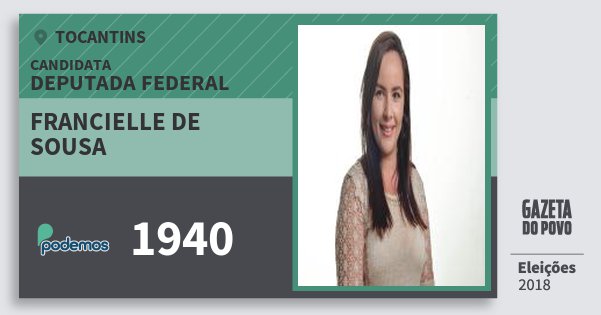 Santinho Francielle de Sousa 1940 (PODE) Deputada Federal | Tocantins | Eleições 2018 Santinho Francielle de Sousa 1940 (PODE) Deputada Federal | Tocantins | Eleições 2018